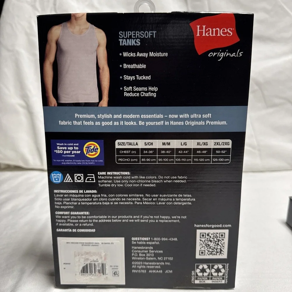 Hanes Tank Top/Undershirts Super Soft Black/Gray 2-Pk Mens Size Medium